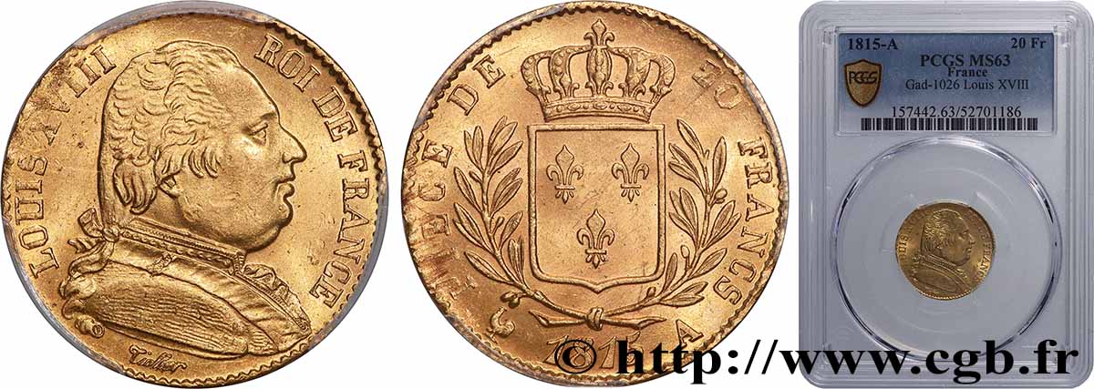 20 francs or Louis XVIII, buste habillé 1815 Paris F.517/10 SPL63 PCGS