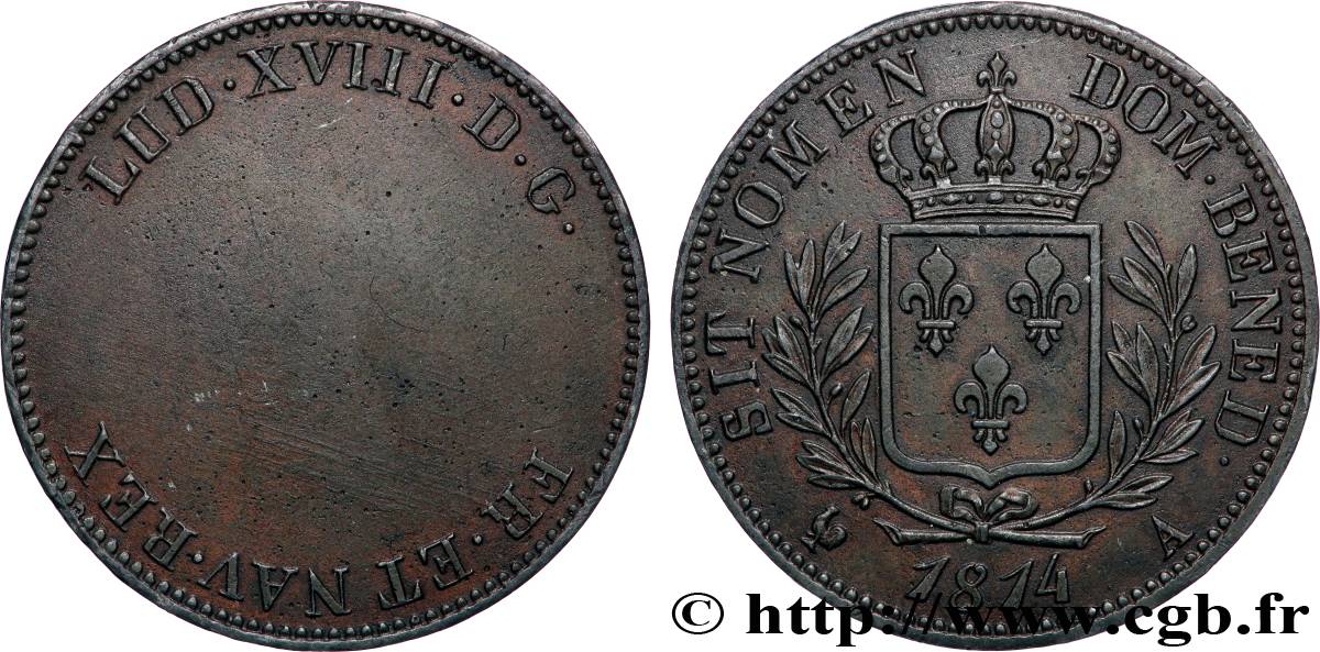 Épreuve de 5 francs Louis XVIII, par Tiolier 1814 Paris Maz.763 a SUP+
