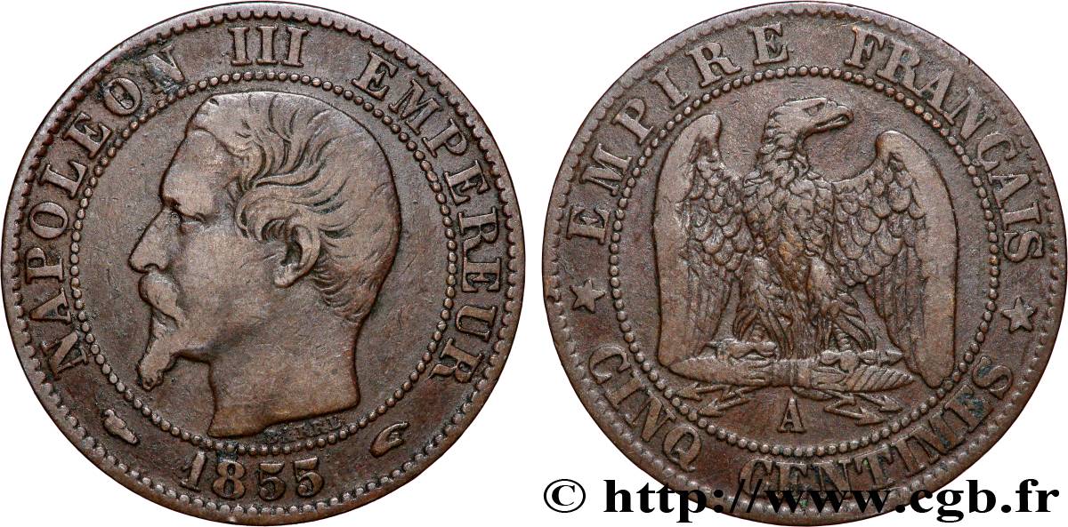 Cinq centimes Napoléon III, tête nue 1855 Paris F.116/16 S
