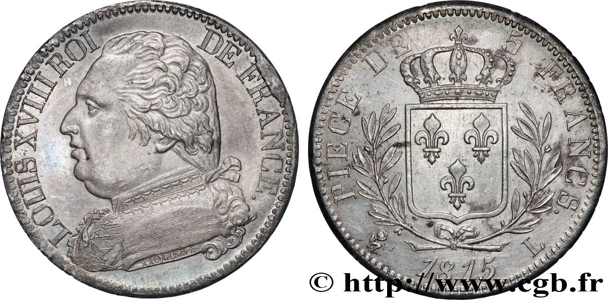 5 francs Louis XVIII, buste habillé 1815 Bayonne F.308/23 SUP