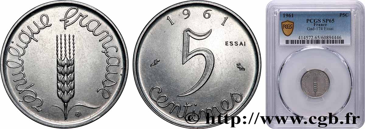 Essai de 5 centimes Épi 1961 Paris F.124/2 FDC65 PCGS