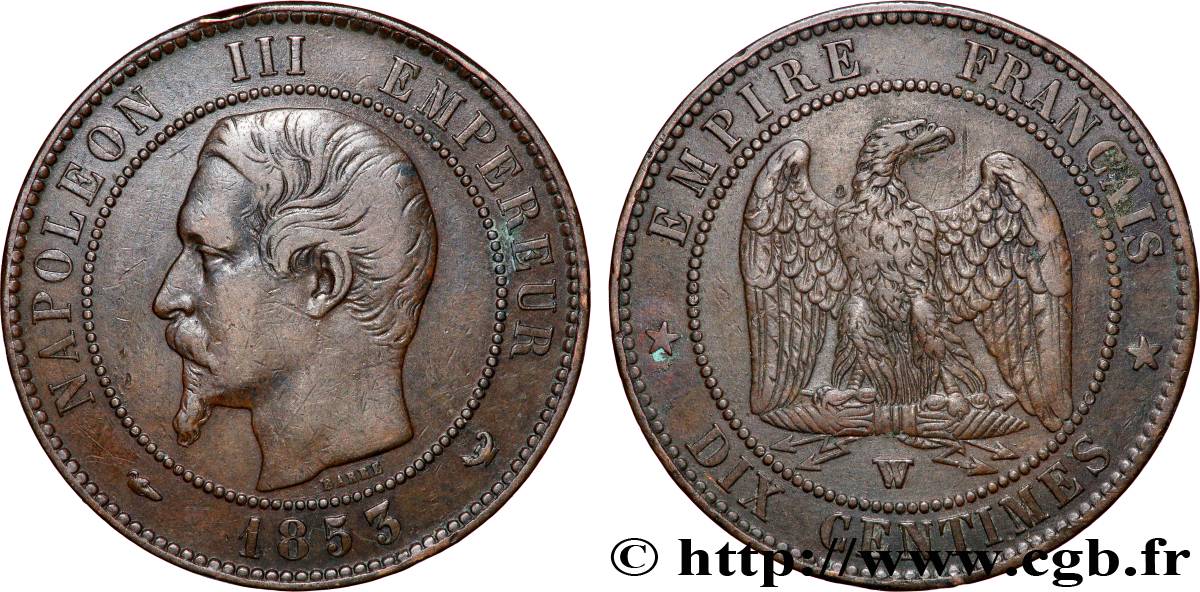 Dix centimes Napoléon III, tête nue 1853 Lille F.133/10 SS