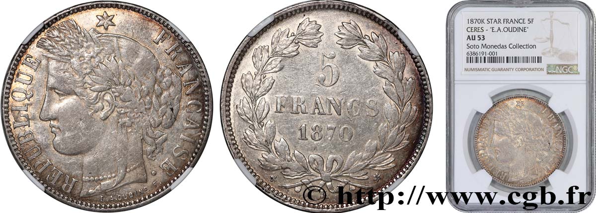 5 francs Cérès, sans légende 1870 Bordeaux F.332/5 TTB53 NGC