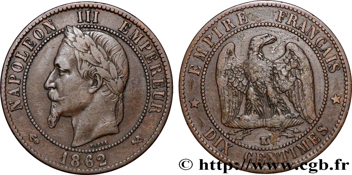 Dix centimes Napoléon III, tête laurée 1862 Bordeaux F.134/9 TB