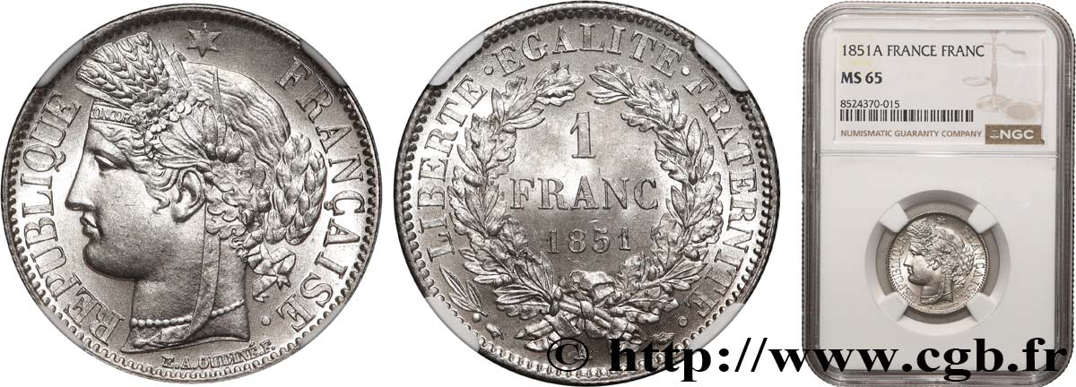1 franc Cérès, IIe République 1851 Paris F.211/9 MS65 NGC