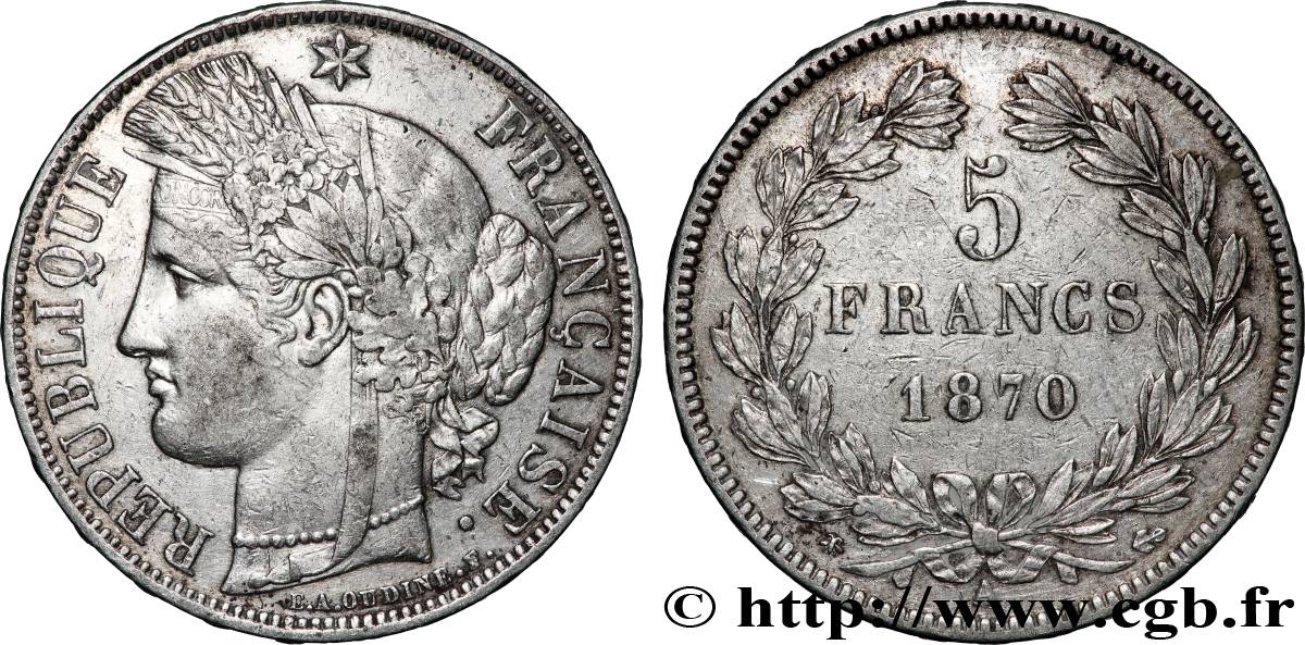 5 francs Cérès, sans légende 1870 Paris F.332/1 TB+