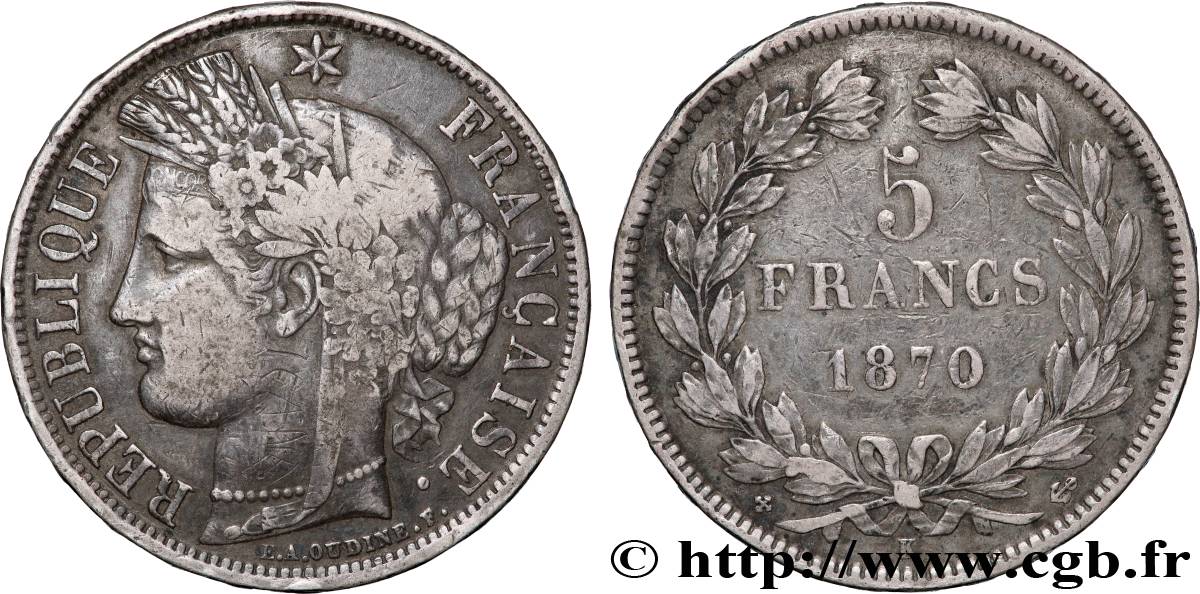 5 francs Cérès, sans légende 1870 Bordeaux F.332/2 TB