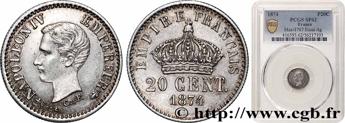 Essai de 20 centimes 1874 Bruxelles GEM.47 1 SPL62 PCGS
