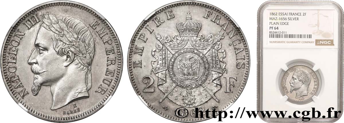Essai de 2 francs Napoléon III, tête laurée 1862 Paris Maz.1856 SPL64 NGC