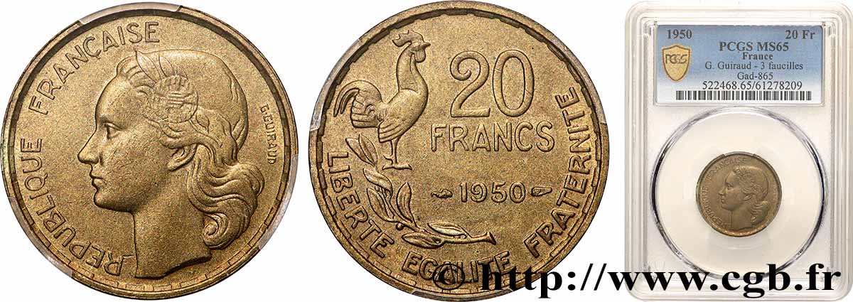 20 francs G. Guiraud, 3 faucilles 1950 F.402/2 MS65 PCGS