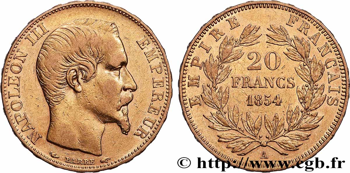20 francs or Napoléon III, tête nue 1854 Paris F.531/2 XF