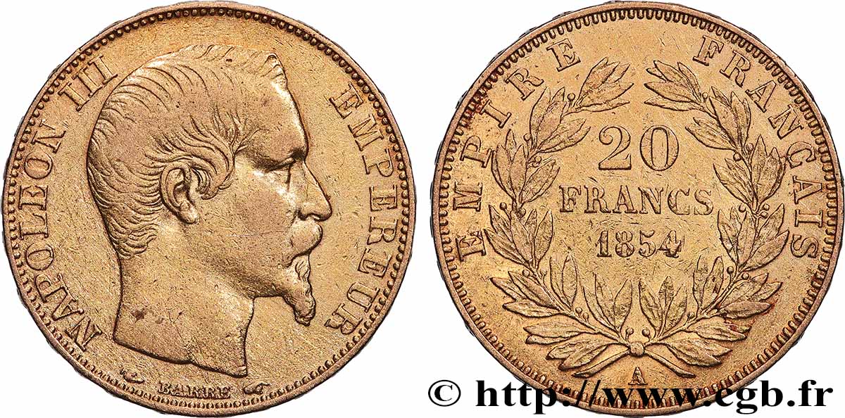 20 francs or Napoléon III, tête nue 1854 Paris F.531/2 MBC