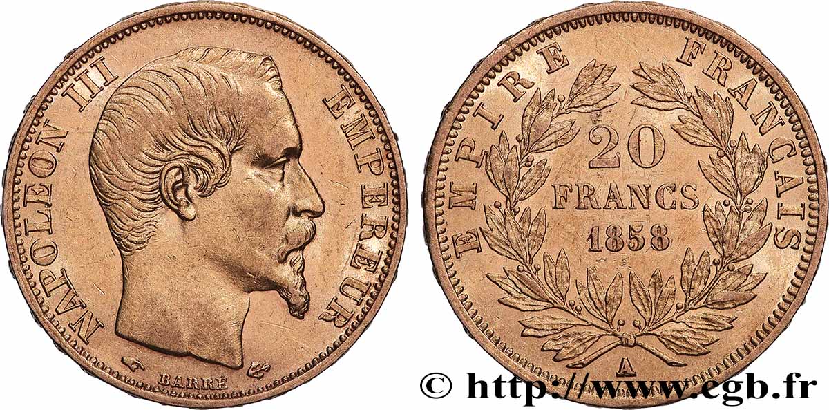 20 francs or Napoléon III, tête nue 1858 Paris F.531/13 MBC+