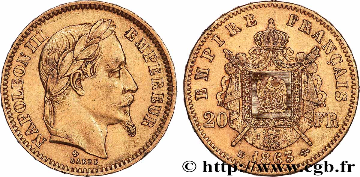 20 francs or Napoléon III, tête laurée 1863 Strasbourg F.532/7 SS