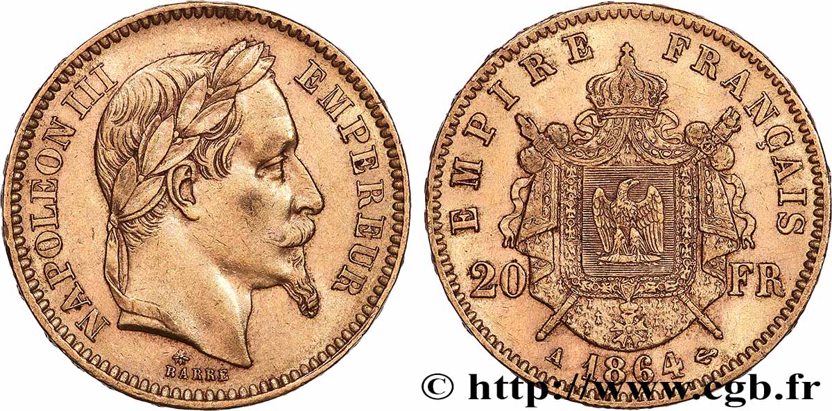 20 francs or Napoléon III, tête laurée 1864 Paris F.532/8 MBC+