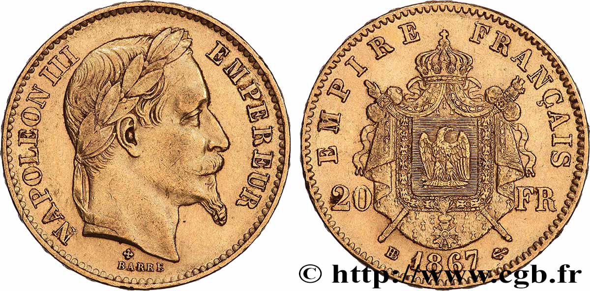 20 francs or Napoléon III, tête laurée, petit BB 1867 Strasbourg F.532/16 MBC