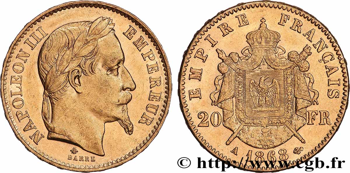 20 francs or Napoléon III, tête laurée 1868 Paris F.532/18 SUP