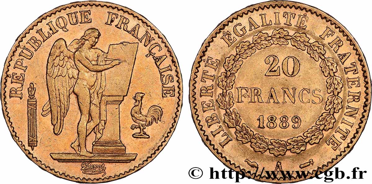 20 francs or Génie, Troisième République 1889 Paris F.533/12 MBC
