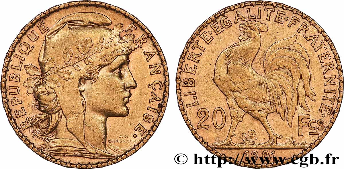 20 francs or Coq, Dieu protège la France 1901 Paris F.534/6 SS