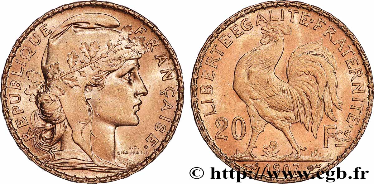 20 francs or Coq, Liberté Égalité Fraternité 1907 Paris F.535/1 SC