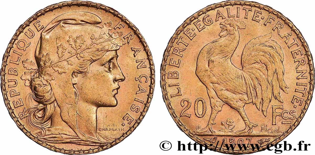 20 francs or Coq, Liberté Égalité Fraternité 1907 Paris F.535/1 EBC