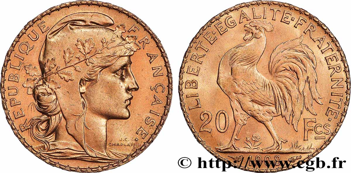 20 francs or Coq, Liberté Égalité Fraternité 1908 Paris F.535/2 SC