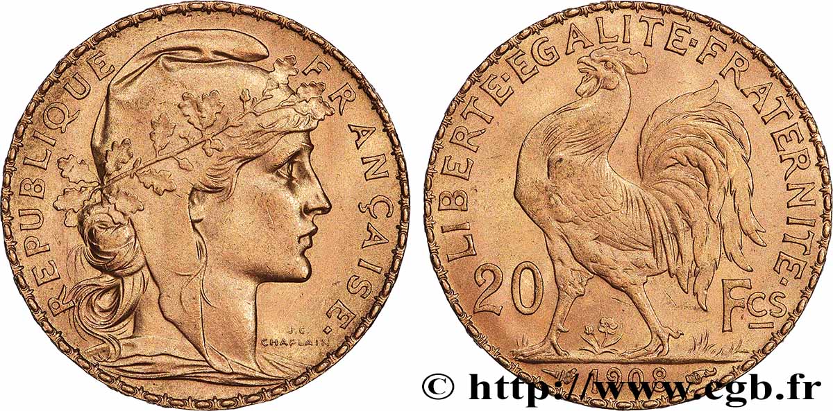 20 francs or Coq, Liberté Égalité Fraternité 1908 Paris F.535/2 EBC+
