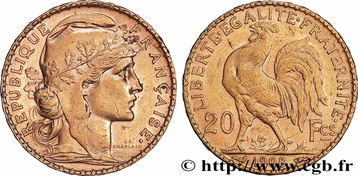 20 francs or Coq, Liberté Égalité Fraternité 1908 Paris F.535/2 MBC+
