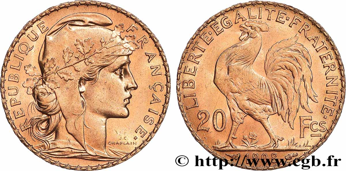 20 francs or Coq, Liberté Égalité Fraternité 1908 Paris F.535/2 MS