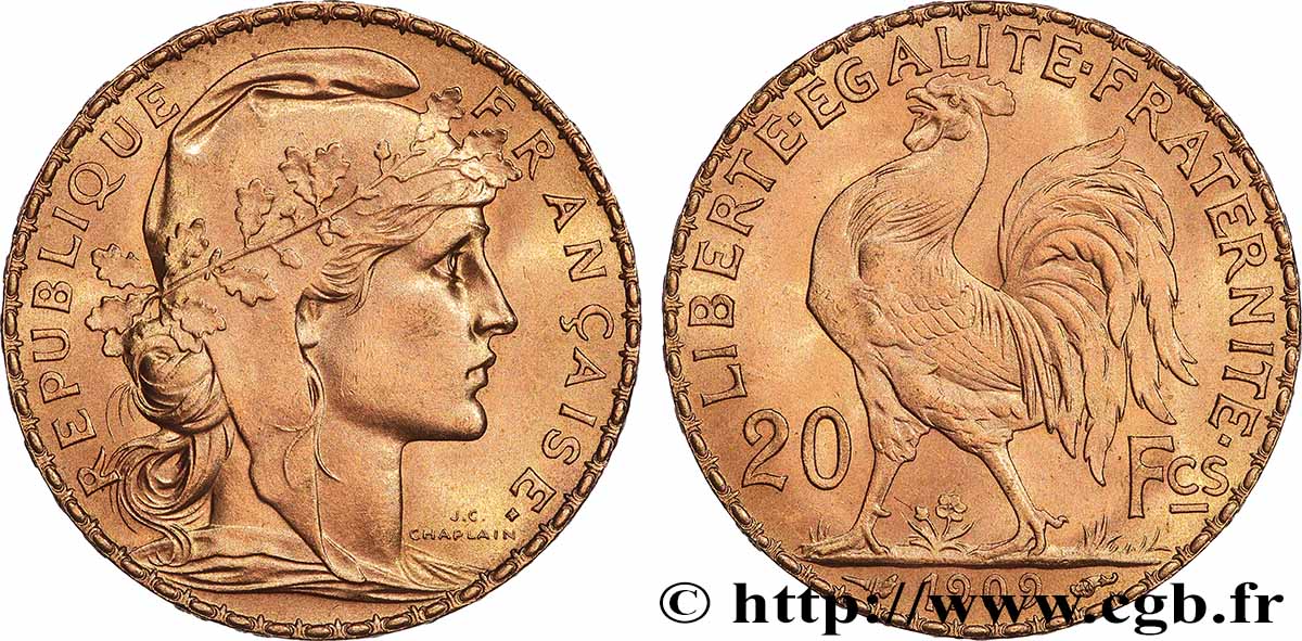 20 francs or Coq, Liberté Égalité Fraternité 1909 Paris F.535/3 SC
