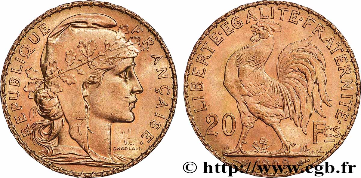 20 francs or Coq, Liberté Égalité Fraternité 1909 Paris F.535/3 SC