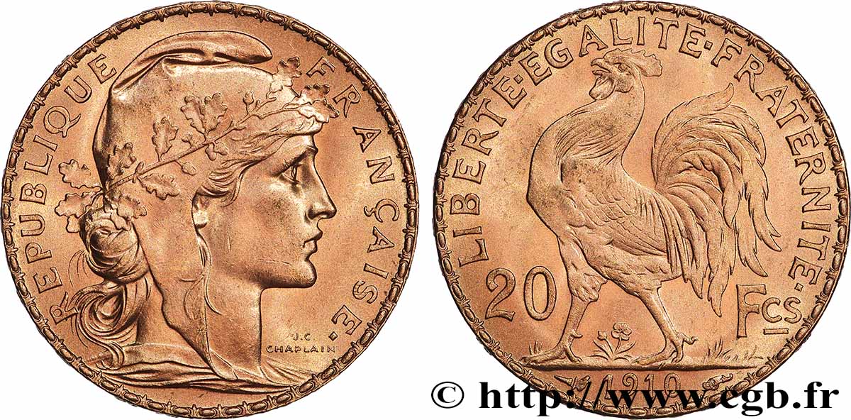 20 francs or Coq, Liberté Égalité Fraternité 1910 Paris F.535/4 SC