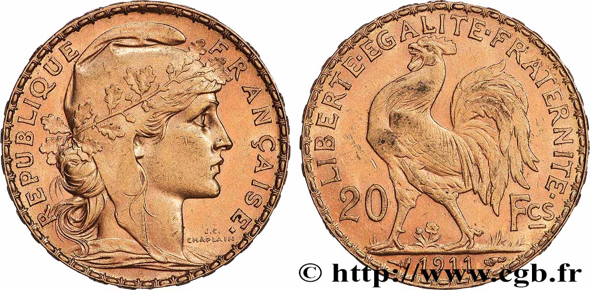 20 francs or Coq, Liberté Égalité Fraternité 1911 Paris F.535/5 EBC