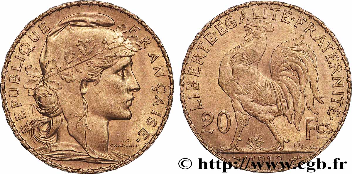 20 francs or Coq, Liberté Égalité Fraternité 1912 Paris F.535/6 EBC+