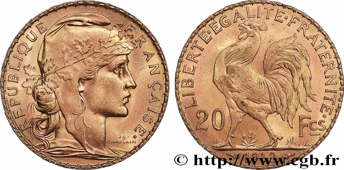 20 francs or Coq, Liberté Égalité Fraternité 1912 Paris F.535/6 EBC+