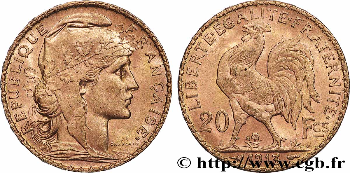 20 francs or Coq, Liberté Égalité Fraternité 1913 Paris F.535/7 SPL