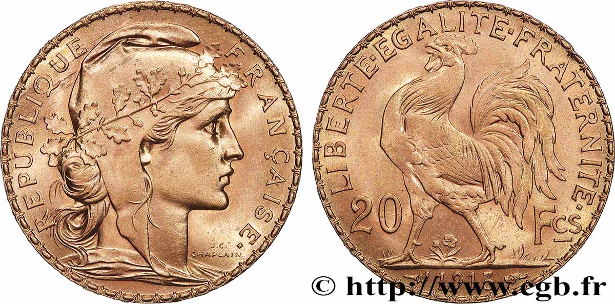 20 francs or Coq, Liberté Égalité Fraternité 1913 Paris F.535/7 SC