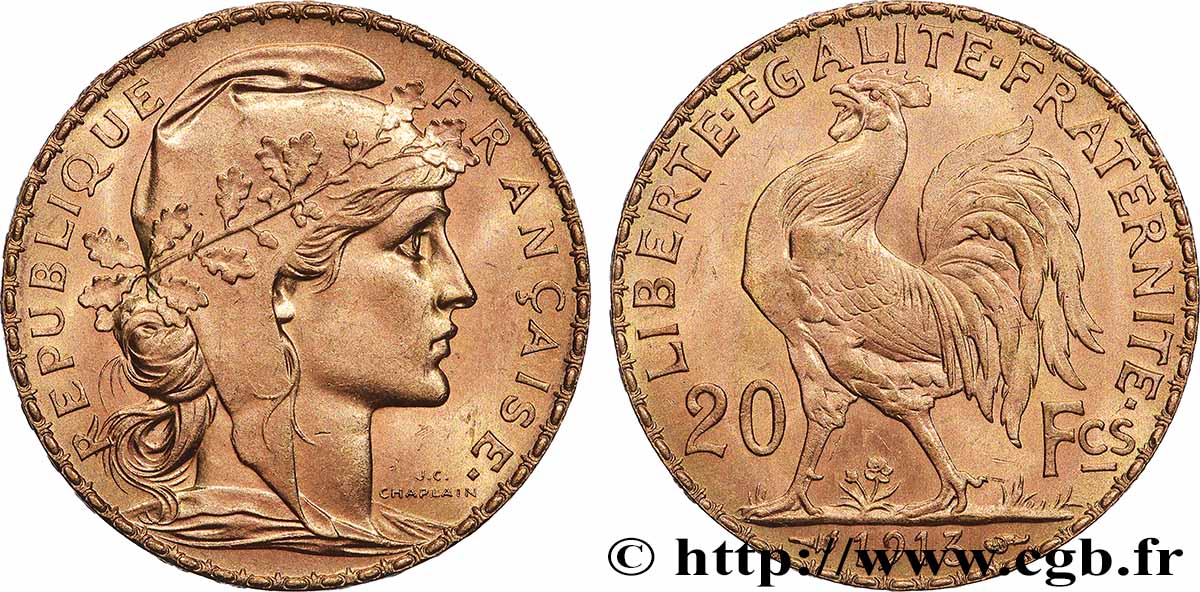 20 francs or Coq, Liberté Égalité Fraternité 1913 Paris F.535/7 SC