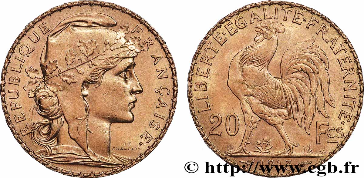 20 francs or Coq, Liberté Égalité Fraternité 1914 Paris F.535/8 EBC+