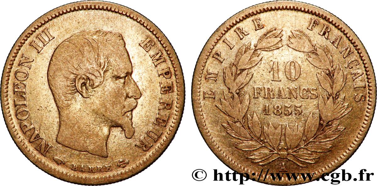10 francs or Napoléon III, tête nue, grand module 1855 Paris F.506/1 TB