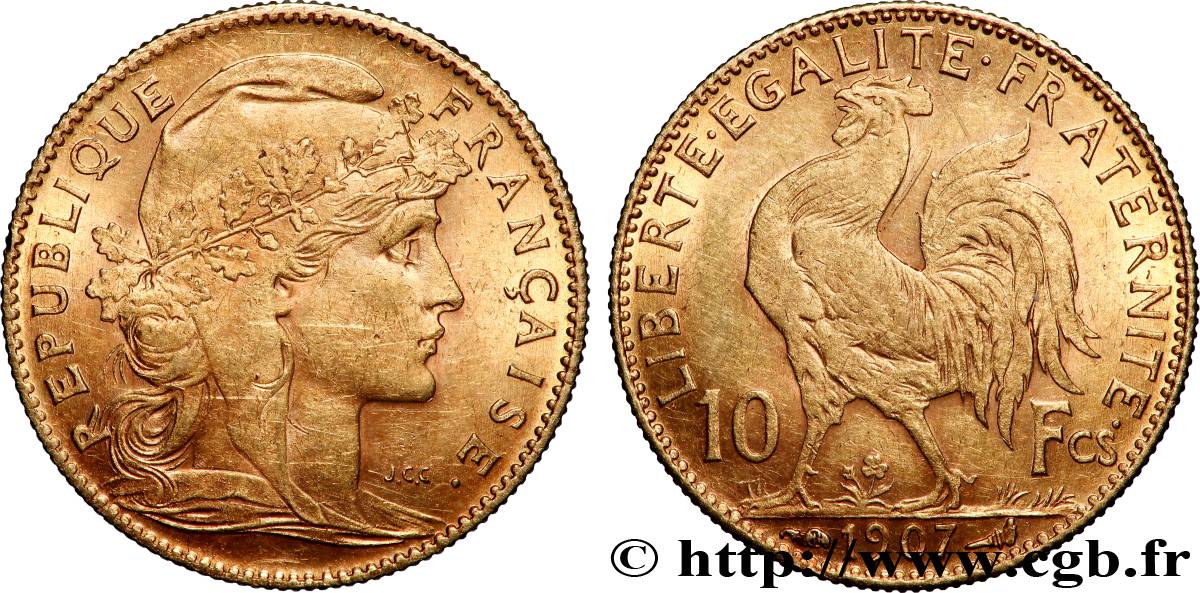 10 francs or Coq 1907 Paris F.509/8 MBC+