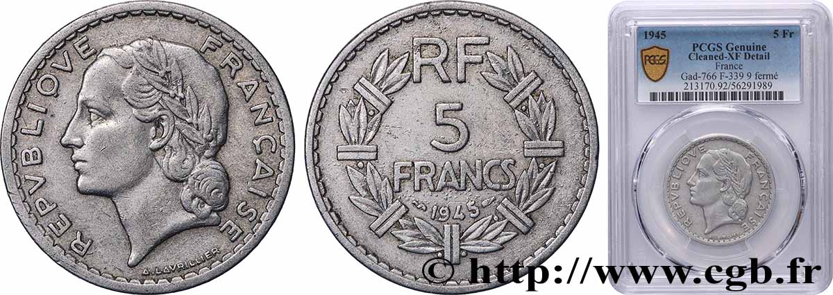 5 francs Lavrillier, aluminium, 9 fermé 1945 F.339/2 XF PCGS