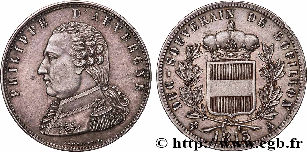 Essai apocryphe en argent au module de 5 francs pour Philippe d’Auvergne 1815 T.T.2902 a.2 AU