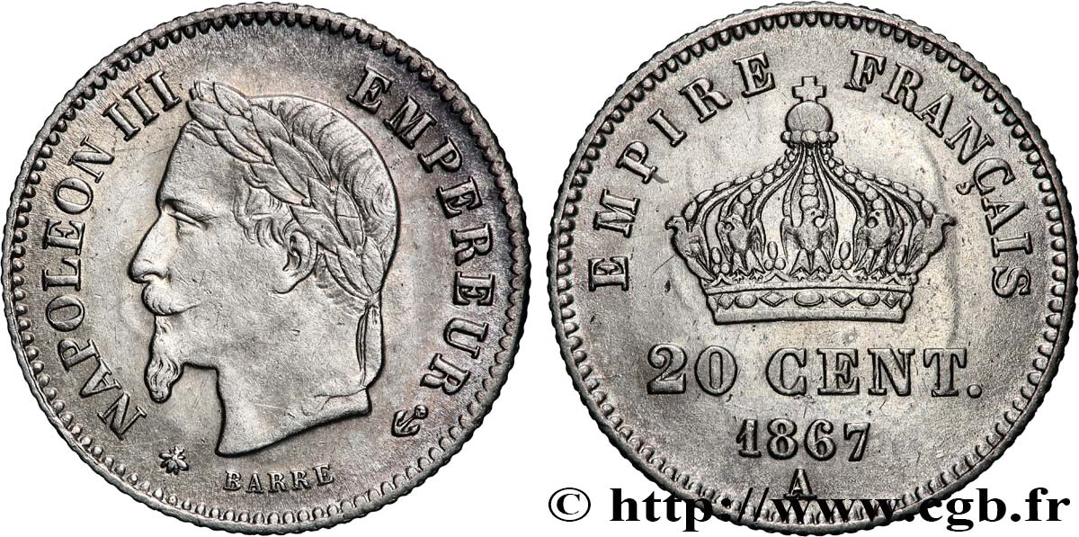 20 centimes Napoléon III, tête laurée, grand module 1867 Paris F.150/1 XF