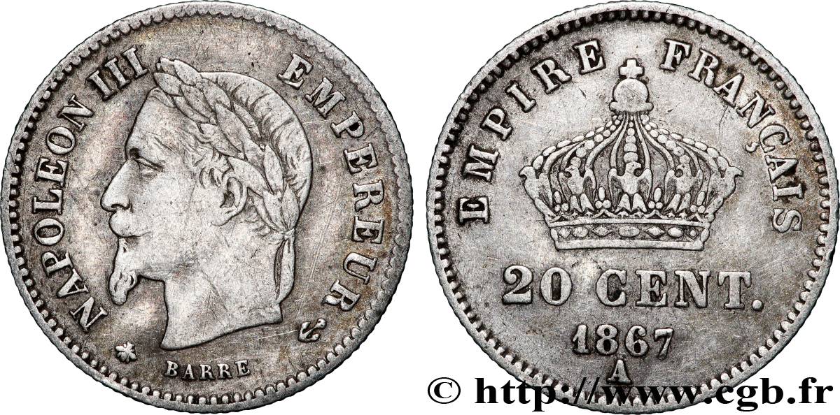 20 centimes Napoléon III, tête laurée, grand module 1867 Paris F.150/1 VF