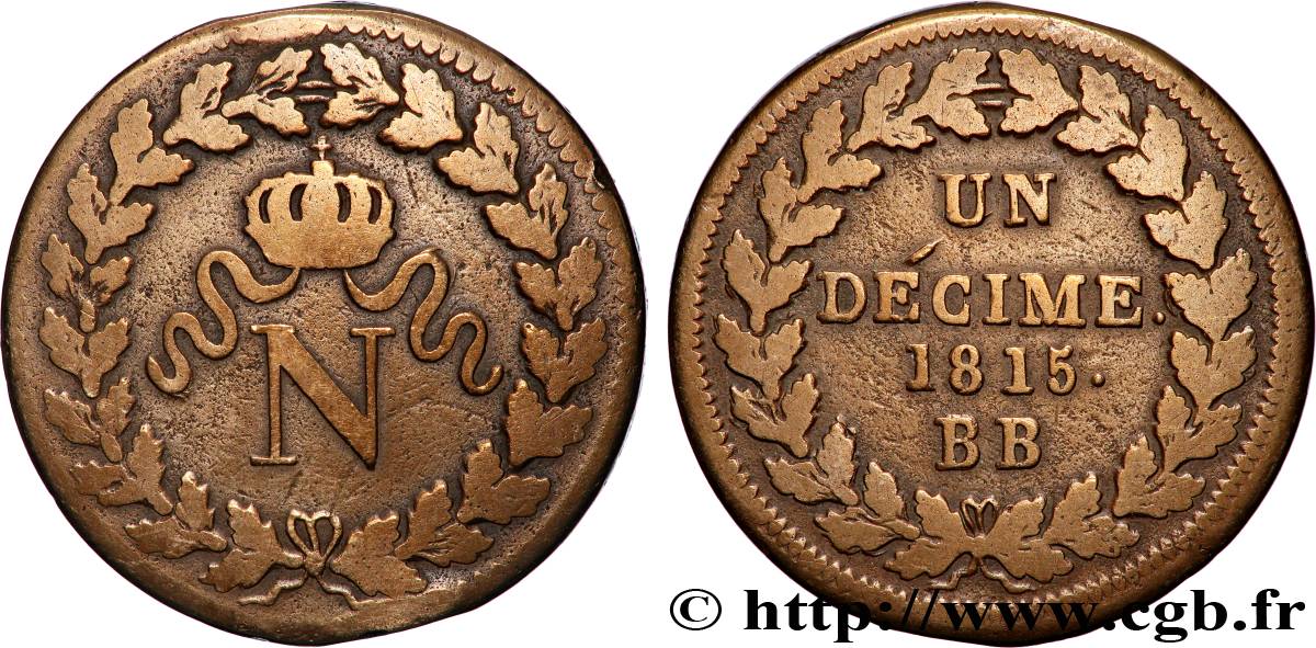 Un décime à l’N couronnée 1815 Strasbourg F.131A/1 VF