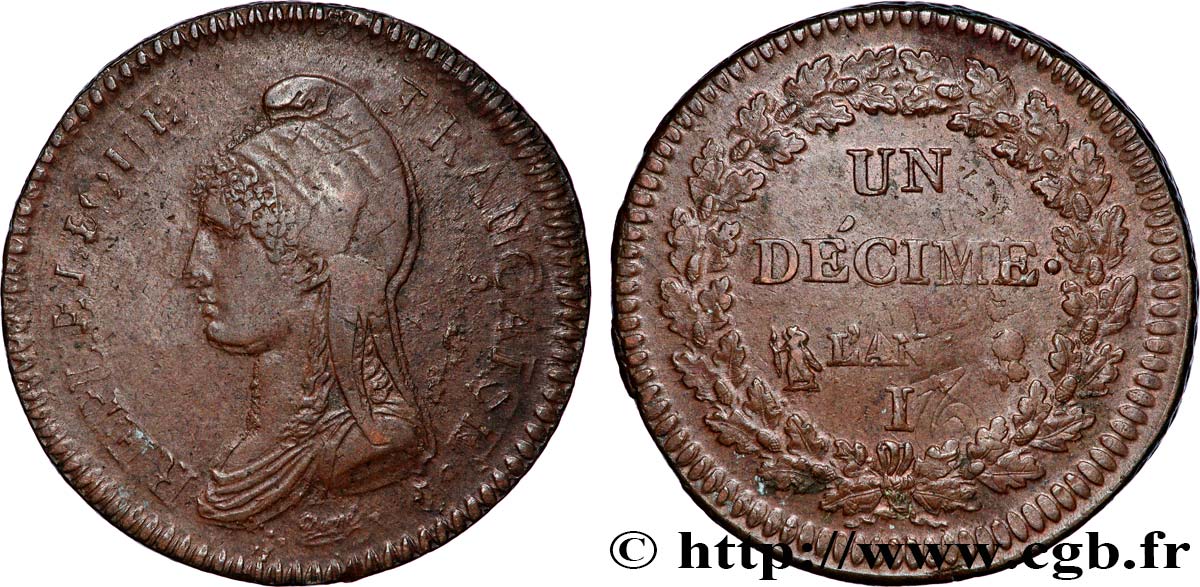 Un décime Dupré, grand module, refrappage du 2 décimes 1797 Limoges F.128/9 AU53