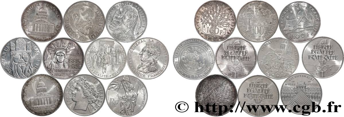 Lot de 10 pièces de 100 francs commémoratives - - F.-/ TTB