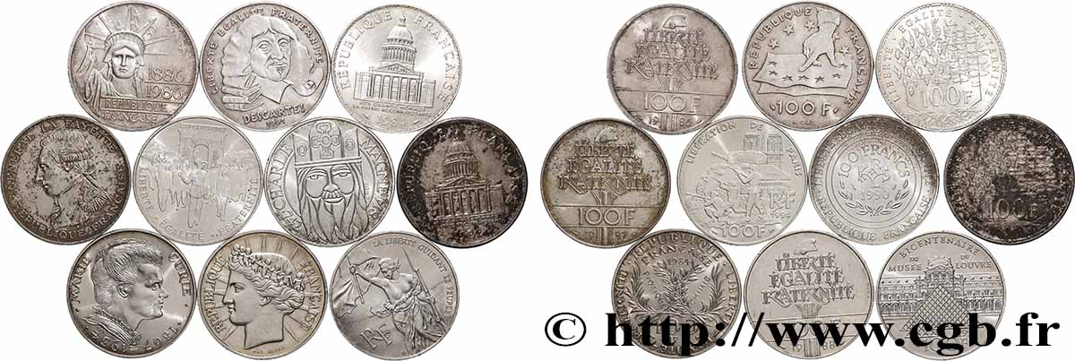 Lot de 10 pièces de 100 francs commémoratives - - F.-/ XF