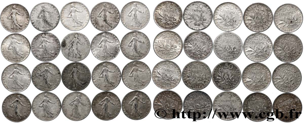Lot de 20 pièces de 50 centimes Semeuse n.d. s.l. F.190/- AB/SUP
